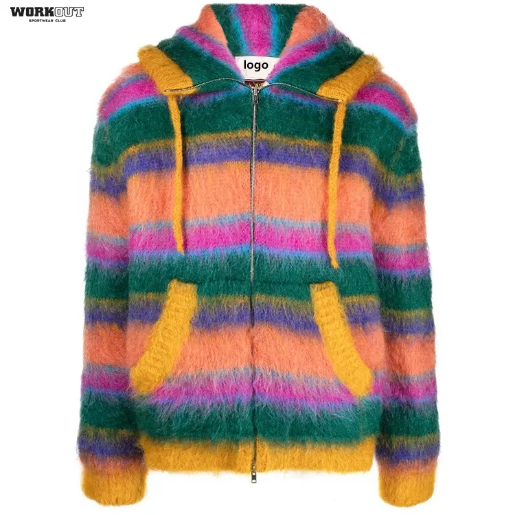 Men Mohair Sweater Custom Long Sleeve Winter Striped Zip Up Hooded Knitted Cardigan Sweater Men