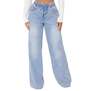 Jeans a Vita Alta da Donna con Coulisse, Gamba Larga e Vestibilità Morbida per il Mercato Europeo e Americano - Product Image 5