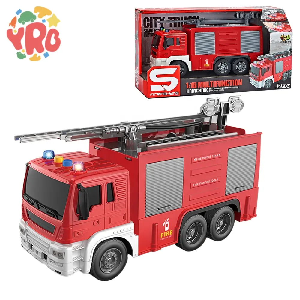 Échelle de lutte contre l'incendie voiture de feu, camion moulé sous pression jouets avec pulvérisation d'eau 1:16 inertie plastique camion de pompier jouet
