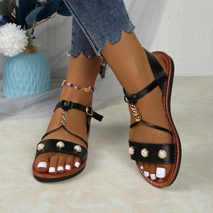 Sandalias planas bohemias con cuentas para mujer, zapatos de vacaciones de verano con correa en T y cadena de metal para el tobillo - Product Image 6