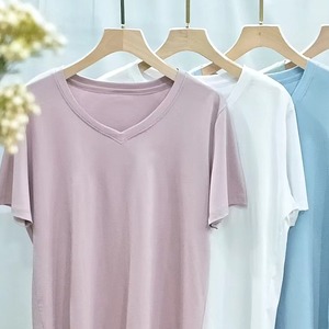 Camiseta de Algodón Mercerizado de Seda de Color Sólido para <span class=keywords><strong>Mujer</strong></span>, Ecológica, de Corte Holgado, Cuello Redondo con Cuello en V Delgado - Product Image 2