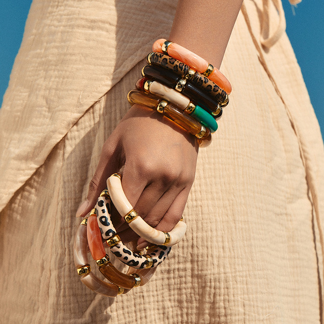 New Design Classic Acrylic Bead Bracelet Handmade Vintage Gold Bracelet Colorful Irregular Resin Bangles Bracelet for Women