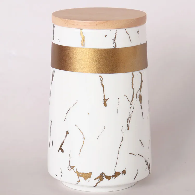 Bulk gold rimmed marble decal sealed porcelain candy snack chili cookie jar with bamboo lid