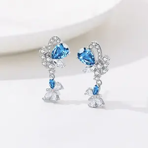 ORIGNAL thiết kế 925 Sterling bạc màu xanh Spinel Bông tai Inset 5A Zircon bướm mặt dây chuyền vòng cổ trang sức Set