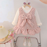 Ensemble robe pour fillette avec nœud gris clair, manches longues, style décontracté, printemps-automne, tenue de princesse pour enfants