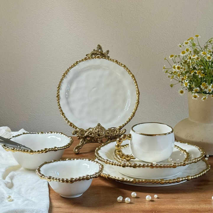 Beaded Rim White Beaded Dinner Set White And Gold Beaded Dinner