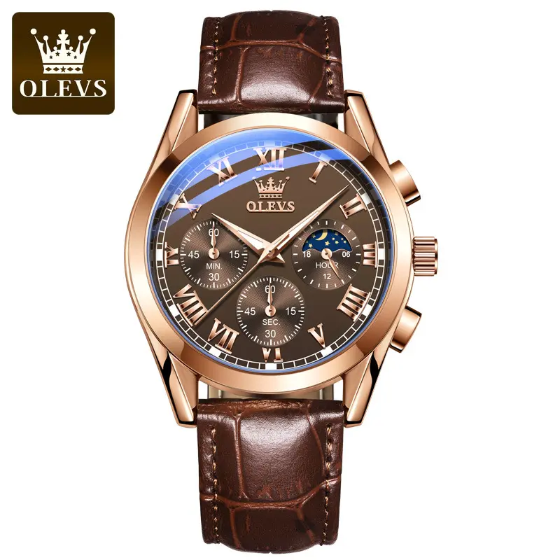 OLEVS Multifunctional Sports Fashion Genuine Leather Wristwatch Chronograph Waterproof Men Watch Luxury Glass SEIKO Alloy Curren