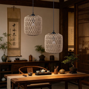 Lámpara colgante tejida a mano, color caqui, redonda, fuente de luz LED E27 para decoración de salones de té y restaurantes - Product Image 1