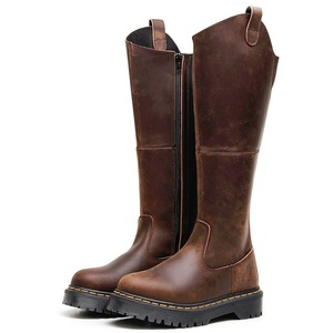 Botas largas de crin para mujer con cintura elástica, botines de cuero estilo inglés, punta redonda de cuero genuino - Product Image 3