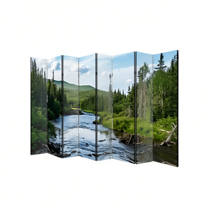 Biombo Plegable Oriental de 8 Paneles con Estructura de Marco, Separador de Ambientes Moderno Bohemio, Lona Impermeable con Diseño de Paisaje Impreso, Opaco - Product Image 1