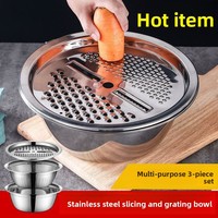 Ensemble de cuisine 3-en-1 en acier inoxydable / Râpe intégrée multifonctionnelle avec filtre et bol mélangeur / Pour laver et couper les fruits et légumes 26cm