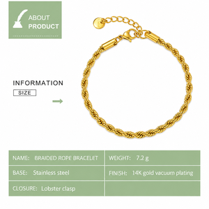 Pulsera de Cuerda Trenzada, Cadena de Acero Inoxidable con Baño de Oro de 14K, Colores Dorado y Plateado - Product Image 3