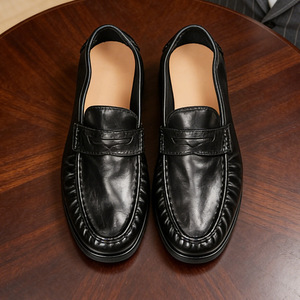 Mocasines de cuero genuino para hombre, punta redonda, sin cordones, suela de goma, para todas las estaciones, zapatos casuales de negocios - Product Image 4