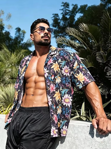 Camicia Hawaiana Casual Retrò con Colletto Cubano, Taglia Grande, Manica Corta, in Poliestere Lavato, Stile Gangsta, Motivo Floreale Colorato, Unisex - Product Image 3
