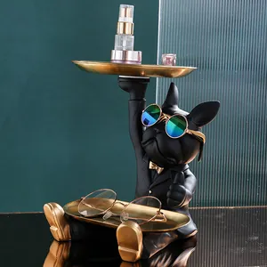 Bulldog francês de decoração, estátua de cachorro com bandeja e chaves de madeira, presente de armazenamento, decoração caseira, estatueta de animal