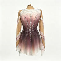 Robe de performance en mousseline irrégulière à manches longues, dégradé rose-brun, ornée de strass, pour patinage artistique