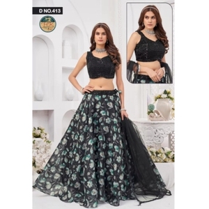 Ensemble Lehenga Choli noir à fleurs pour femmes, tenue de soirée de créateur, Lehenga ethnique festif avec dupatta - Product Image 1