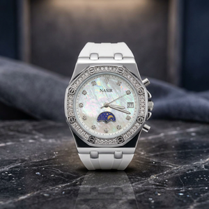 Reloj mecánico Nasir para mujer, esfera redonda de 40,5 mm, plateado, resistente al agua, con bisel de diamantes y indicador de fase lunar - Product Image 3