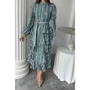 Robe longue en mousseline de soie menthe à volants avec col mandarin, silhouette trapèze, tissu respirant, taille naturelle - Product Image 2
