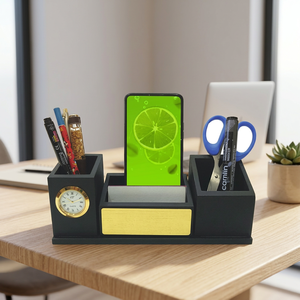 Organisateur de bureau en bois personnalisé, porte-cartes de visite, porte-cartes de nom de bureau avec porte-stylo, porte-crayon, ciseaux, horloge - Product Image 3