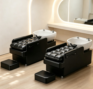 Fauteuil de lavage de cheveux rembourré marron avec repose-pieds, cadre métallique, banc de barbier commercial - Product Image 3