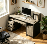 Bureau de direction avec tiroir pour classeurs, plateau pour clavier et 2 tiroirs, couleur gris blanc bois, bureau à domicile avec 2 tiroirs de rangement verrouillables