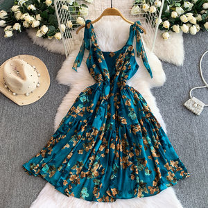Nouvelle Robe Midi Décontractée d'Été 2026 pour Femme, Coupe Trapèze, Taille Empire, Col Carré, Tissée, Lavable, Sans Manches, Imprimé Floral - Product Image 1
