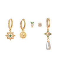 Juego de 5 Pendientes de Aro de Metal con Circonita Verde, Diseño de Gecko, Búho, Dinosaurio, Joyería de Animales, Pendientes Colgantes de Latón con Baño de Oro de 18k para Mujer