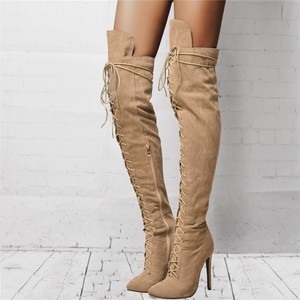 Botas de Mujer con Punta en Pico, Talla 47, Nuevas, Tacones Altos, Estilo Stiletto, Botas Largas, Botas Altas de Gamuza con Cordones para Mujer - Product Image 4