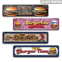 Letrero metálico largo con temática de hamburguesas, decoración retro para pared de cocina de comida rápida, placa de hojalata con efecto envejecido con la frase Enjoy Our Burgers para restaurante