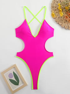 Costume intero da donna Sexy in tinta unita con profondo V Monokini con spalline a croce posteriore con Design traforato con taglio perizoma brasiliano - Product Image 4