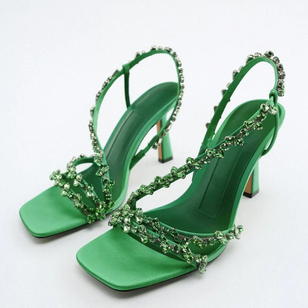 Deleventh Shoes 115845 luxury diamond heels fashion party stiletto sandals green blue rhinestone heels for ladies stock