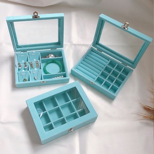 Reloj de terciopelo de madera azul con bisagras, brazalete, collar, anillo, pendiente, caja de almacenamiento, cuentas de cintura, caja de joyería, bandeja organizadora con tapa - Product Image 1