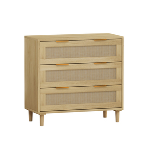 31.50" 3-<b>Drawer</b> Rattan <b>Storage</b> Cabinet Oak Finish <b>For</b> Bedroom Living Room Dining Room Hallways - Product Image 4