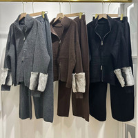 Ensemble de luxe pour femme en tricot avec poignets en fourrure de lapin Rex, pull et pantalon large, Athluxury Lounge Set