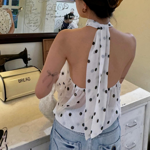 Haut dos nu sexy en maille transparente à pois noirs pour femme avec nœud papillon, idéal pour l'été, le quotidien et les soirées - Product Image 4