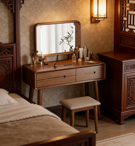 Table de toilette minimaliste de style vintage en bois massif pour la chambre principale : <span class=keywords><strong>Coiffeuse</strong></span> tout-en-un <span class=keywords><strong>avec</strong></span> <span class=keywords><strong>miroir</strong></span> et bureau - Product Image 4