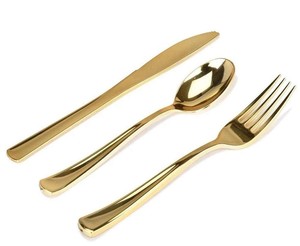Fancy Disposable Plates with Cutlery Gold Silver Plastic Plates and Silver Plastic Cutlery for Weddings Party Table Cutlety