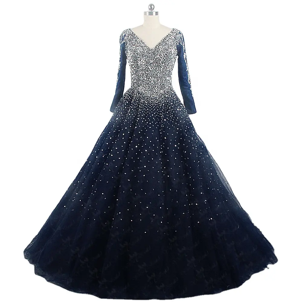 RSW1657 Quinceanera Jurken V Hals Bling Bling Sequin Kralen Baljurk Marineblauw Jurken Vrouwen Party Lange Mouwen Prom Dress