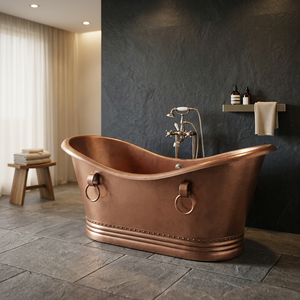 Baignoire rectangulaire autoportante en cuivre durable, fabriquée à la main, style rustique martelé, avec poignées latérales en anneau pour salle de bain - I H C - Product Image 1