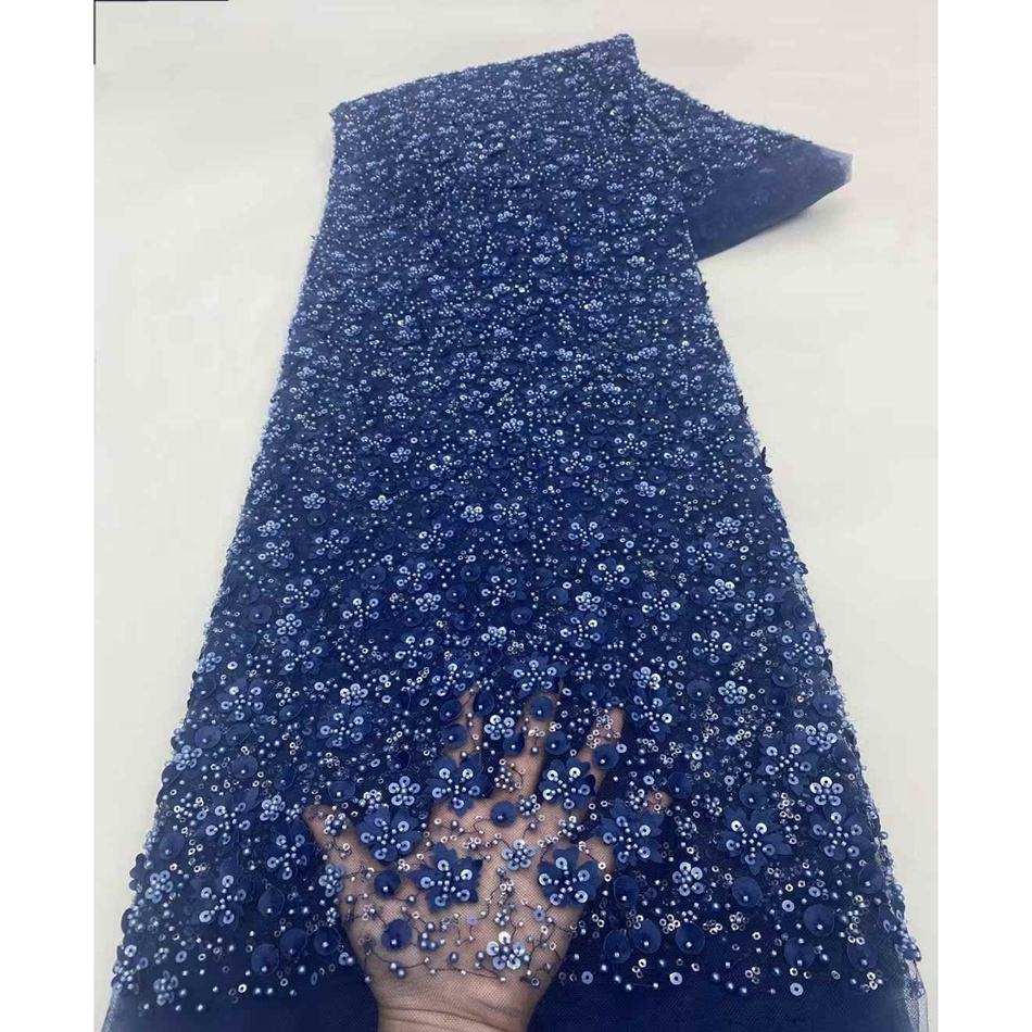 Luxury Heavy Beaded Lace Fabric Navy Blue Color Women's Luxury