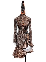 Robe de danse latine pour femmes, imprimé léopard, manches longues, jupe à franges en strass, costume de performance pour compétition de danse de salon