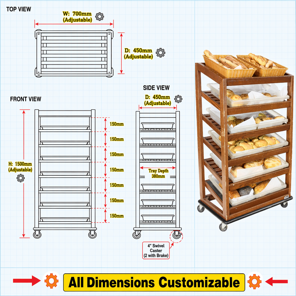 Custom 6-Tier Wooden Rolling Bakery Display Rack Bread Pastry Cart with Wicker Baskets 4 Swivel Casters for Bakery Cafe Hotel — view 4