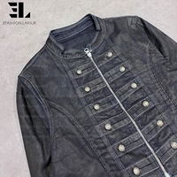 Veste Bomber en Jean Délavé Style Napoléon LARSUR, Coupe Slim, Col Montant, pour Moto, Veste Hussar en Jean Court