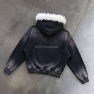 Maßgefertigter Vintage Sonnengebleichter Acid Wash Schwergewichtiger Baumwoll-Hoodie mit Kunstfell-Kapuze Vollreißverschluss Siebdruck Übergroßer Herbst Unisex-Kapuzenpullover - Product Image 3