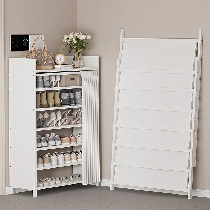 low price foldable Simple Door Household Large Capacity Multilayer Solid Wood Storage Indoor Shoe Shelf With Curtain