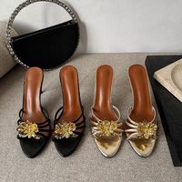 Nouvelles mules élégantes à talons aiguilles en métal floral pour femme, collection Printemps-Été 2026, à enfiler, bout ouvert, dos nu, pour soirée et usage quotidien