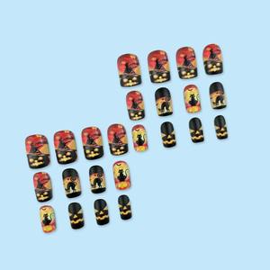 Fournitures pour ongles Produits de beauté Appuyez sur les ongles <span class=keywords><strong>Halloween</strong></span> <span class=keywords><strong>Orange</strong></span> Night Evil Pumpkin Hat Cat Nails Wearable Reusable 24Pcs Finger - Product Image 3