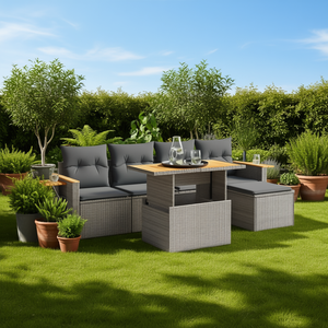 Set Divano da Giardino in Rattan Grigio 4 Posti, Arredamento da Esterno Resistente alle Intemperie, Design Contemporaneo con Tavolo in Legno Massello - Product Image 2