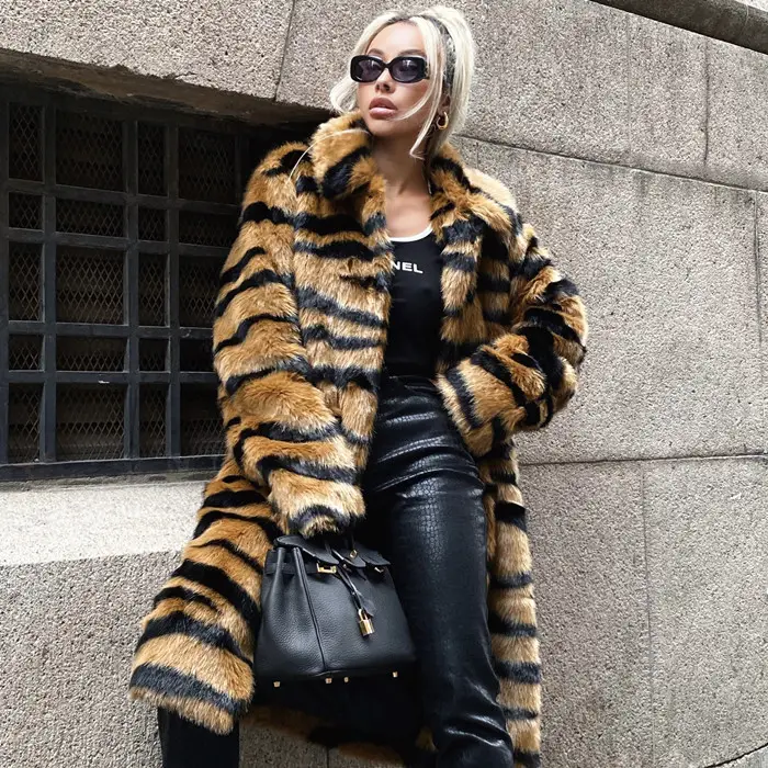 Winter Women High Quality Faux Tiger Fur Coat Luxury Long Fur Coat Loose Lapel Overcoat Plush Coats Thick Warm Plus-size Female